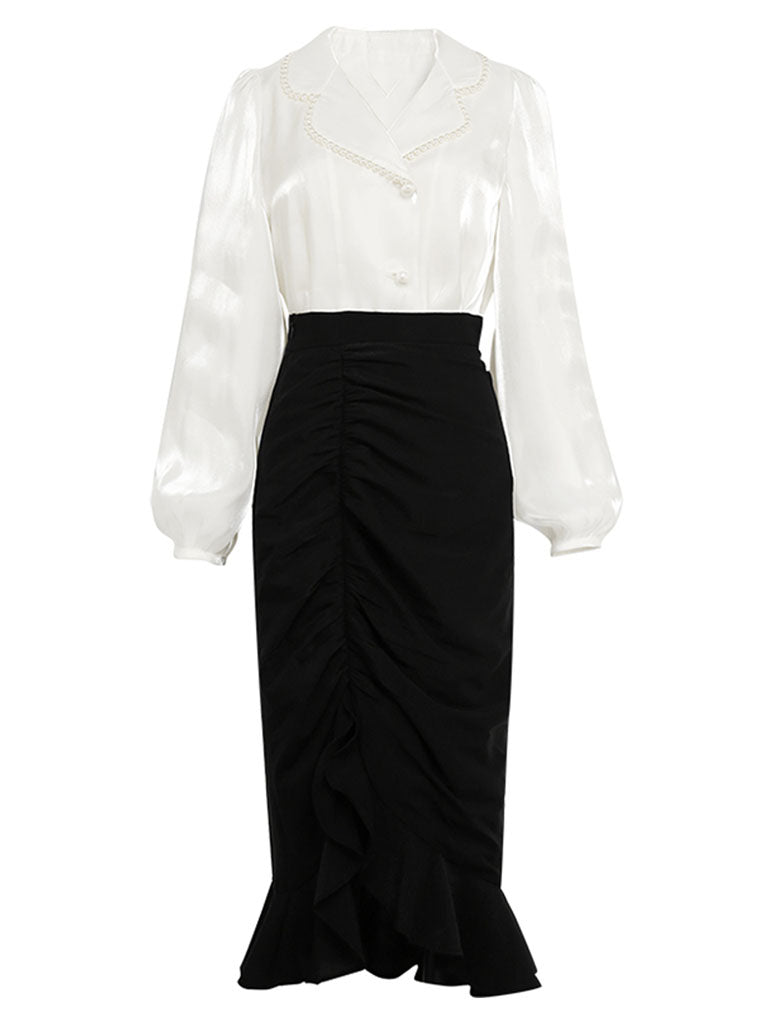 2PS White Pearl Turn Down Collar Long Sleeve Shirt With Black Ruffles Split Skrit Dress Suit
