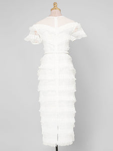 White Romantic Wedding Ruffles V-Neck Sequin Lace Irregular Hem Dress