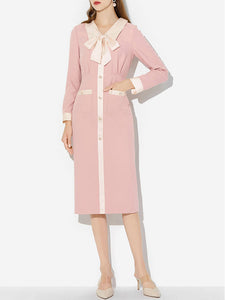 Pink Turn Down Collar Long Sleeve 1940S Vintage Dress With Pockets