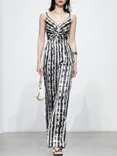 Load image into Gallery viewer, Black And White Animal Print Spaghetti Straps Jumpsuit With Cape