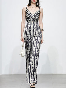 Black And White Animal Print Spaghetti Straps Jumpsuit With Cape