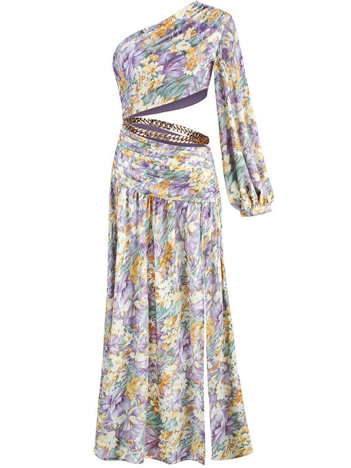 Floarl Print One Shoulder Hollow High Slit Maxi Dress