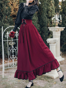 Black Lace Petal Blouse With Crimson Ruffled Skirt Set Edwardain Vinatge Dress Set