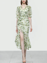 Load image into Gallery viewer, Light Green Floral Print V Neck Vintage Style Ruffles Dress