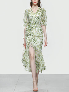 Light Green Floral Print V Neck Vintage Style Ruffles Dress – Jolly Vintage