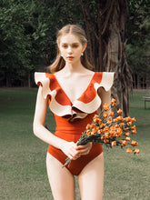 Load image into Gallery viewer, Sailor Style Deep V Neck Ruffles Vintage One Piece Swimwear
