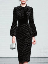Load image into Gallery viewer, Black Bow Collar Long Lantern Sleeve Drilling Velvet 1960S Dress