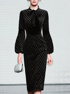 Black Bow Collar Long Lantern Sleeve Drilling Velvet 1960S Dress ...