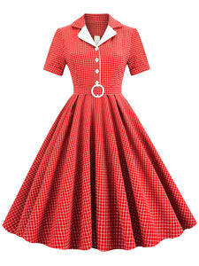 Green Plaid Turn Down Collar Short Sleeves 1950S Vintage Shirt Dress