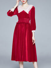 Load image into Gallery viewer, Vinatge Red Lace Long Sleeve Swing Velvet Dress