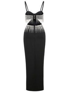 Black Spaghetti Strap Rhinestones Slit Sexy Gown Party Dress