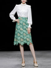 Load image into Gallery viewer, 2PS White Lace Top And Green Lace Skirt Dress Suit