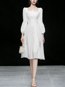 White Square Collar Long Sleeve Party Dress
