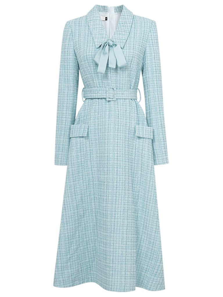 Baby Blue V Neck Retro Swing Tweed Dress With Long Sleeve For Winter