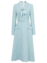 Load image into Gallery viewer, Baby Blue V Neck Retro Swing Tweed Dress With Long Sleeve For Winter