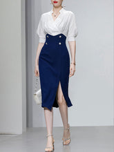 Load image into Gallery viewer, White And Navy Lantern Sleeve Slit Dress Vintage 1940S Dress