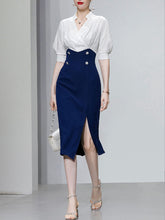 Load image into Gallery viewer, White And Navy Lantern Sleeve Slit Dress Vintage 1940S Dress