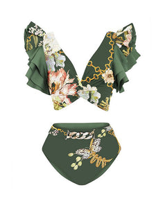 Green Retro Butterfly Print Bikini With Bathing Suit Wrap Skirt