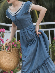 Vintage Blue Lace Cotton Little Women Same Style Cottagecore Dress