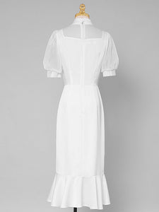 White Stand Collar Puff Sleeve Princess Mermaid Organza Dress