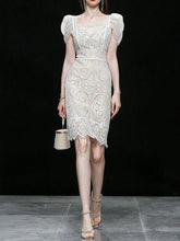 Load image into Gallery viewer, White Square Collar Puff Sleeve 1950S Lace Dress
