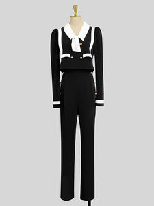 2PS Black Sailor Long Sleeve Top With High Waist Wide Leg Pants Suit