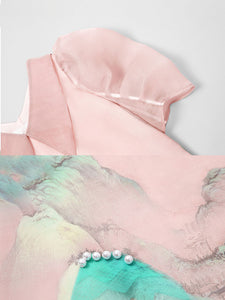 Pink Organza Puff Sleeve Vintage Dress With Belt
