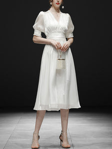 White Ruffles Puff Sleeve Organza Vintage Dress