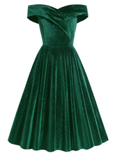 Load image into Gallery viewer, Christmas Green Off Shoulder Velvet 1950S Vintage Swing Dress