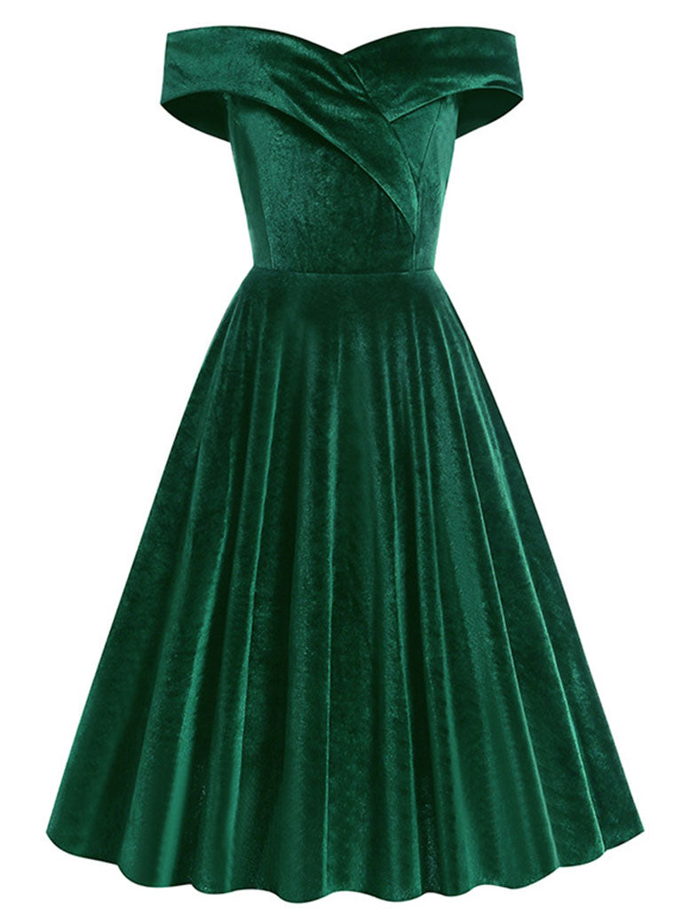 Christmas Green Off Shoulder Velvet 1950S Vintage Swing Dress