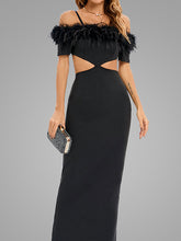 Load image into Gallery viewer, Black Spaghetti Strap Feather Off The Shoulder Bodycon Dress Sexy Gown Party Dress
