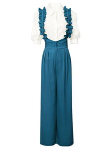 2PS Vintage Top And Blue Ruffles Pant Suit