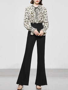 2PS Stand Collar Printed Top And Black Flared Pants Set