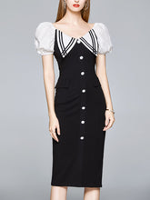 Load image into Gallery viewer, Black Puff Sleeve Buttons Pencil Dress