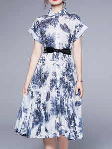 Blue Butterfly Print 1950S Vintage Dress With Belt