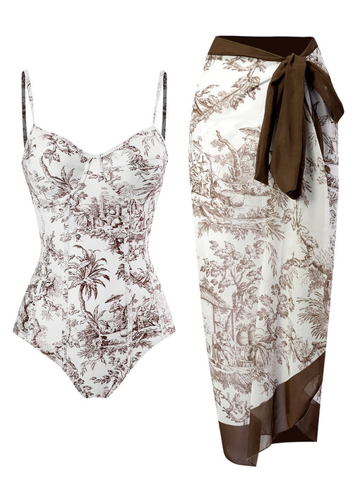 Romantic Floral Print Strap One Piece With Bathing Suit Wrap Skirt