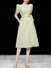 Load image into Gallery viewer, Avocado Green Crossback Puff Sleeve 1950S Vintage Dress
