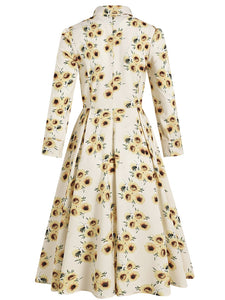 Yellow And White Sun Flower Print Long Sleeve Claasic Collar 1950S Dress