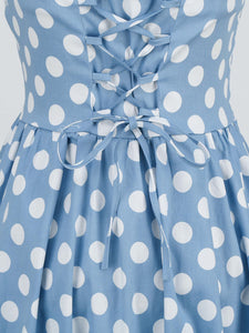 Blue And White Polka Dots Vintage Halter 1950S Dress With Belt