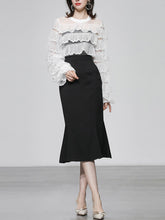 Load image into Gallery viewer, 2PS Crew Neck Long Sleeve White Lace Lotus Leaf Top And Black Fishtail Skirt Suit