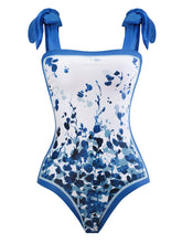 Load image into Gallery viewer, Blue Floral Print Flower Strap One Piece With Bathing Suit Wrap Skirt