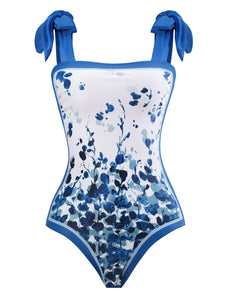 Blue Floral Print Flower Strap One Piece With Bathing Suit Wrap Skirt