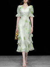 Load image into Gallery viewer, Green V Neck Floral Print Ruffles Maxi Chiffon Dress