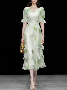 Green V Neck Floral Print Ruffles Maxi Chiffon Dress