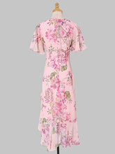 Load image into Gallery viewer, Pink Floral Print Chiffon Ruffles 1960S Dress