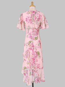 Pink Floral Print Chiffon Ruffles 1960S Dress