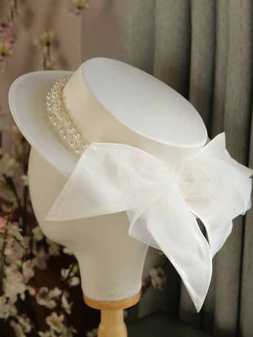White Big Bow Wedding Pearls Hat With Vintage Boater Hat
