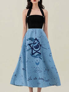 Black Halter Fake Two Piece Design With Blue Star Swing Dress