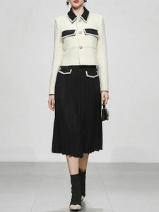 2PS White Turn-down Collar Long Sleeve Coat With Black Skirt Suits