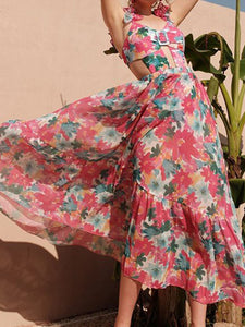 Pink Handmade Flower Ruffles Strappy One Piece With Swimsuit Swing Skirt